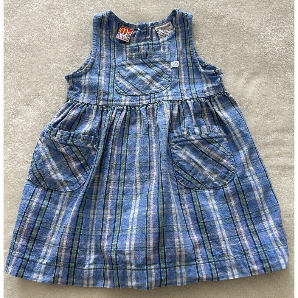 Vintage Mc Kids Pinafore Dress 2T Plaid Blue Sleeveless Jumper Dress Pockets